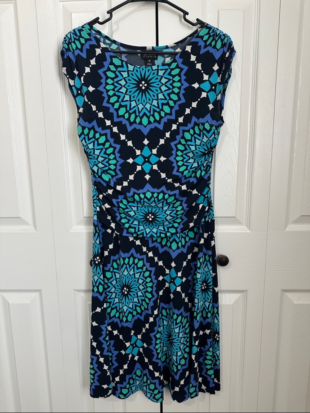 Enfocus Studio Navy, Teal & Aqua Geometric Midi Dress